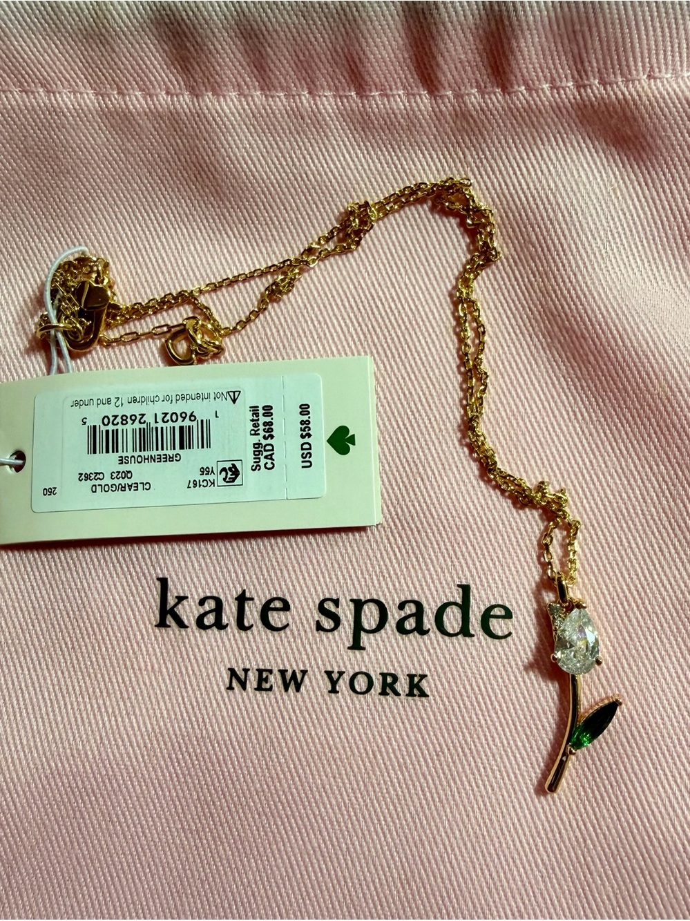 Kate Spade Gold Rose Pendant Necklace with Clear Crystal and Green Leaf